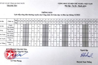 LỊCH TIẾP CÔNG DÂN THÁNG 12 NĂM 2022