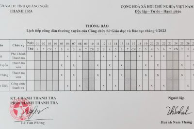 LỊCH TIẾP CÔNG DÂN THÁNG 9 NĂM 2023
